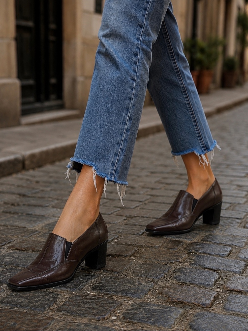GREENWICH VILLAGE Retro Women’s Brazilian Brown Leather Block Heel Pumps Sz 5